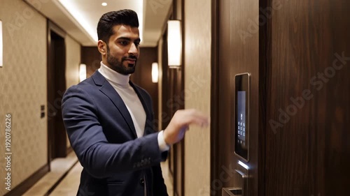 A refined traveler accessing a private luxury hotel suite using seamless biometric palm recognition technology. This smart hotel entry concept represents the future of contactless security 
