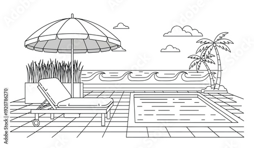 A black and white line drawing of a poolside scene with lounge chairs, umbrella, and palm tree on a sunny day with clouds