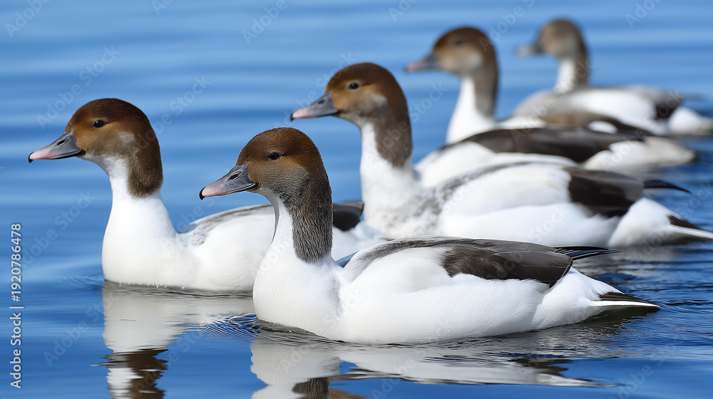 Fototapeta premium Elegant waterfowl swimming gracefully on calm lake surface, avian aquatic tranquility, peaceful bird visualization, serene water moment, with copy space