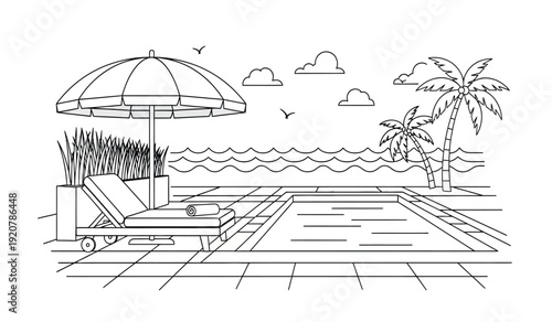 A serene beach scene with a lounge chair and umbrella by the pool with palm trees and a calm sea in the background