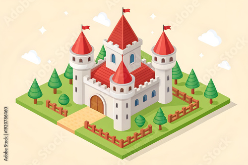 Wallpaper Mural An isometric illustration depicts a fairytale castle with red roofs white walls and surrounding greenery high quality professional detailed modern elegant Torontodigital.ca