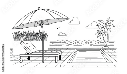 A serene beach scene with a lounge chair under a large umbrella on a deck next to a swimming pool with palm trees and ocean view