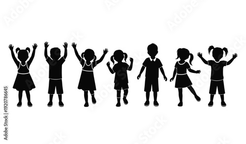 Seven black silhouettes of children with their arms raised in various poses