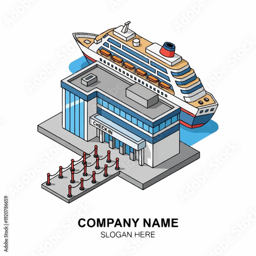 Isometric illustration of a cruise ship docked at a modern terminal building.