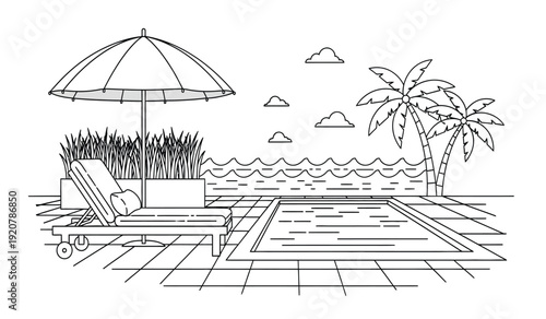 A black and white line drawing of a beach scene with a pool lounge chair under an umbrella next to a swimming pool with palm trees and clouds in the background