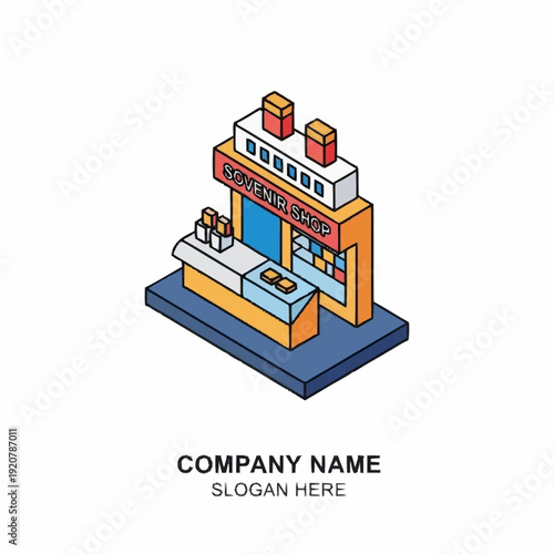 Colorful isometric illustration of a coffee shop or cafe with a counter and boxes on the roof.