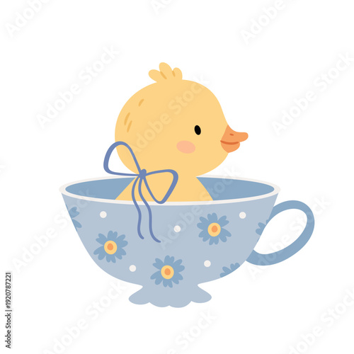 Cute little duck sitting in floral teacup in soft pastel tones. Scandinavian minimalism illustration with cozy nordic aesthetic. Sweet nursery character perfect for baby decor and prints.