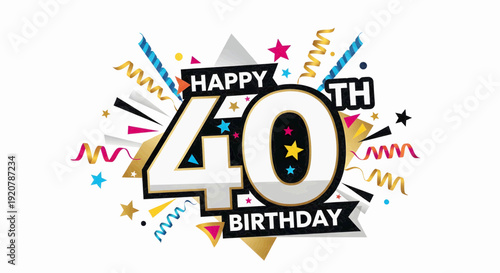 Happy 40th Birthday Celebration Design with Festive Confetti and Ribbons on a White Background for Party Invitations and Greeting Cards