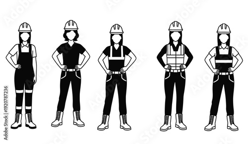 Five construction workers wearing different outfits and hard hats standing in a row