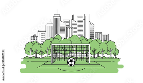 Illustration of a soccer goal with a ball on a green field in front of a city skyline with trees