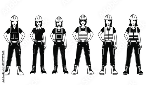 Black and white illustration of five construction workers wearing safety gear standing in a row