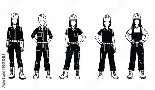 Five female construction workers wearing hard hats and uniforms standing in a row