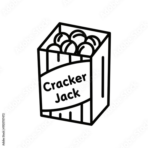 Cracker Jack Box Filled with Prizes, Black and White Illustration, Retro Snacks