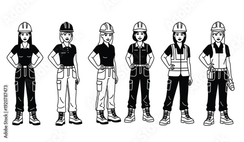 Six diverse construction workers wearing safety gear and hard hats standing in a row