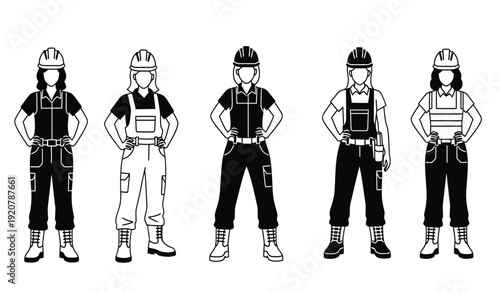 Five construction workers wearing different uniforms and hard hats standing in a row