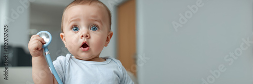 cute curious baby with stethoscope in hand in clinic