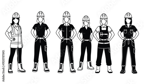 Six construction workers wearing safety gear and hard hats standing in a row