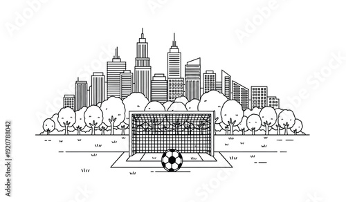 Black and white illustration of a soccer goal in front of a city skyline with trees and buildings in the background