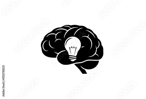 Creative Thinking Brain Silhouette with Light Bulb Negative Space Vector Isolated on White Background