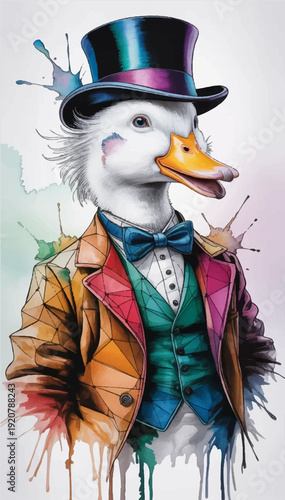A vector illustration of an aristocratic goose wearing a top hat and a tuxedo, drawn in the style of colored pens.