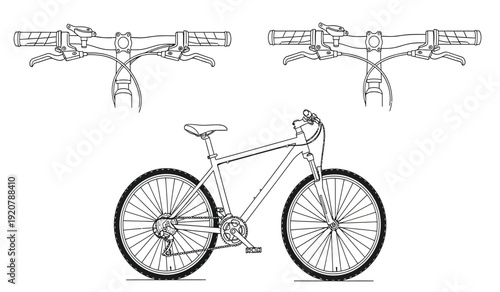 Detailed technical drawing of a bicycle with multiple side views included