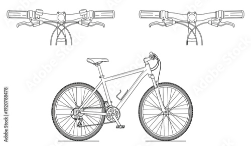 Detailed technical drawing of a bicycle with exploded parts view