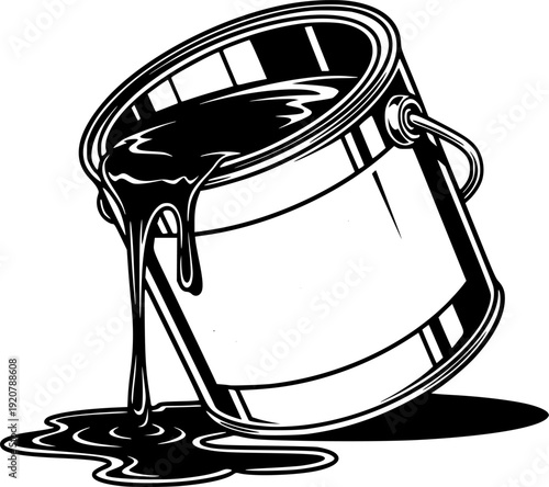 Paint can with dripping liquid for home renovation and creative building improvement – Black and White Vector Illustration