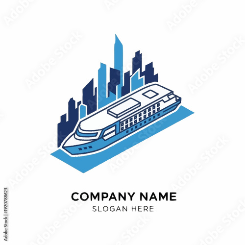 Modern Train Logo Design Template with City Skyline.