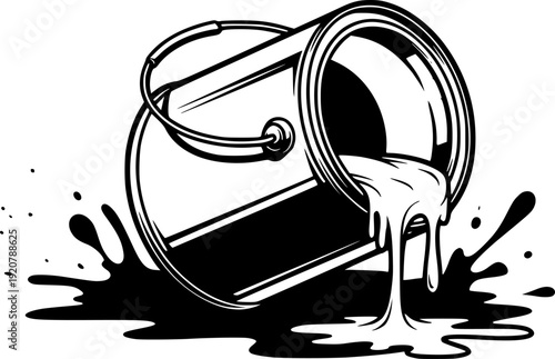 Paint can with dripping liquid for home renovation and creative building improvement – Black and White Vector Illustration