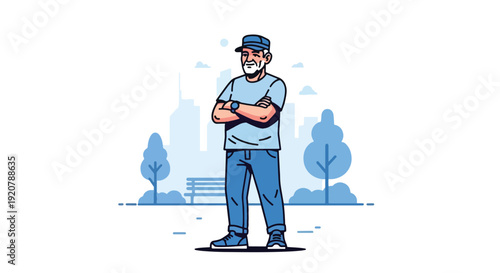 Modern vector illustration of confident military veteran standing proudly in public park wearing casual clothes, clean flat style with solid colors, respectful patriotic lifestyle and civilian life
