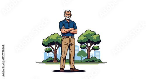 Modern vector illustration of confident military veteran standing proudly in public park wearing casual clothes, clean flat style with solid colors, respectful patriotic lifestyle and civilian life
