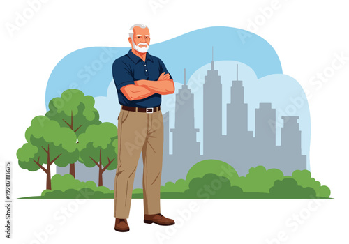 Modern vector illustration of confident military veteran standing proudly in public park wearing casual clothes, clean flat style with solid colors, respectful patriotic lifestyle and civilian life