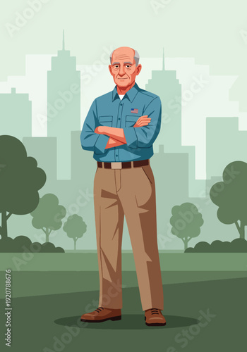 Modern vector illustration of confident military veteran standing proudly in public park wearing casual clothes, clean flat style with solid colors, respectful patriotic lifestyle and civilian life