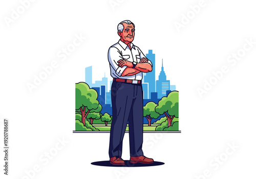 Modern vector illustration of confident military veteran standing proudly in public park wearing casual clothes, clean flat style with solid colors, respectful patriotic lifestyle and civilian life