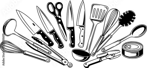 Kitchen utensil set for cooking food preparation and domestic culinary equipment – Black and White Vector Illustration