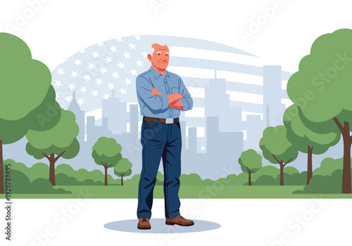 Modern vector illustration of confident military veteran standing proudly in public park wearing casual clothes, clean flat style with solid colors, respectful patriotic lifestyle and civilian life