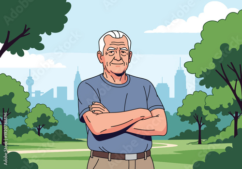 Modern vector illustration of confident military veteran standing proudly in public park wearing casual clothes, clean flat style with solid colors, respectful patriotic lifestyle and civilian life