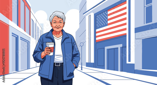 Modern vector illustration of female military veteran in casual outfit walking in city street holding coffee in flat solid color style representing modern civilian lifestyle and independence