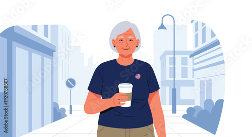 Modern vector illustration of female military veteran in casual outfit walking in city street holding coffee in flat solid color style representing modern civilian lifestyle and independence