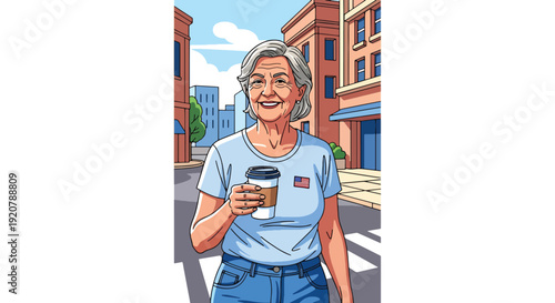 Modern vector illustration of female military veteran in casual outfit walking in city street holding coffee in flat solid color style representing modern civilian lifestyle and independence