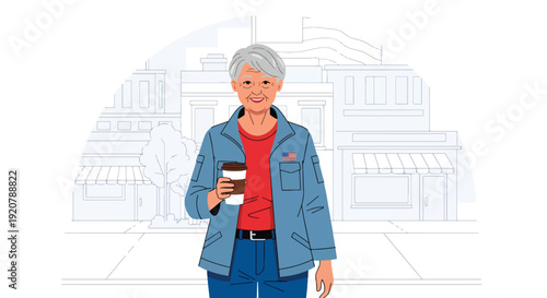 Modern vector illustration of female military veteran in casual outfit walking in city street holding coffee in flat solid color style representing modern civilian lifestyle and independence