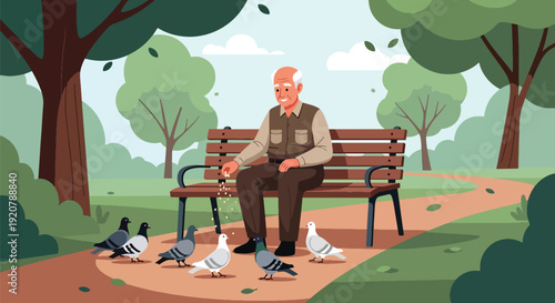 Modern vector illustration of senior military veteran sitting peacefully on park bench reflecting in calm outdoor environment, flat solid color style showing retirement and memory theme