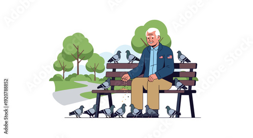 Modern vector illustration of senior military veteran sitting peacefully on park bench reflecting in calm outdoor environment, flat solid color style showing retirement and memory theme
