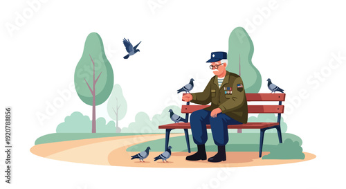 Modern vector illustration of senior military veteran sitting peacefully on park bench reflecting in calm outdoor environment, flat solid color style showing retirement and memory theme