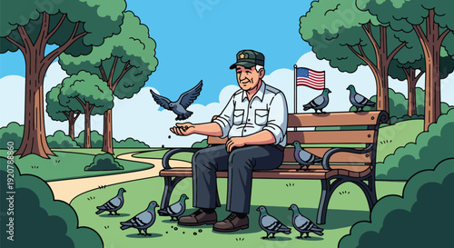 Modern vector illustration of senior military veteran sitting peacefully on park bench reflecting in calm outdoor environment, flat solid color style showing retirement and memory theme