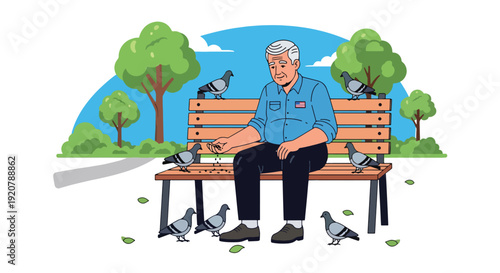 Modern vector illustration of senior military veteran sitting peacefully on park bench reflecting in calm outdoor environment, flat solid color style showing retirement and memory theme