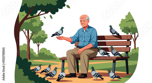 Modern vector illustration of senior military veteran sitting peacefully on park bench reflecting in calm outdoor environment, flat solid color style showing retirement and memory theme