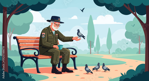 Modern vector illustration of senior military veteran sitting peacefully on park bench reflecting in calm outdoor environment, flat solid color style showing retirement and memory theme