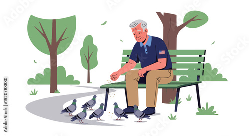 Modern vector illustration of senior military veteran sitting peacefully on park bench reflecting in calm outdoor environment, flat solid color style showing retirement and memory theme