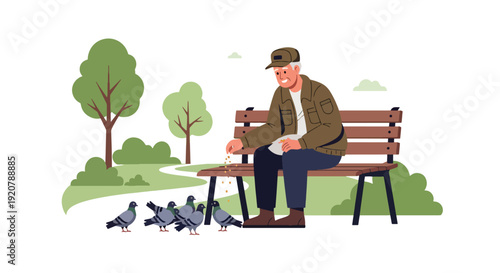 Modern vector illustration of senior military veteran sitting peacefully on park bench reflecting in calm outdoor environment, flat solid color style showing retirement and memory theme